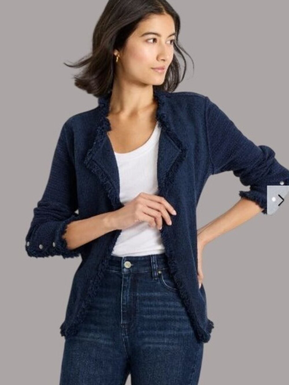 Nic + Zoe Fringe Knit Jacket L Blue Open Front Fringe Boho Cardigan - Picture 1 of 12